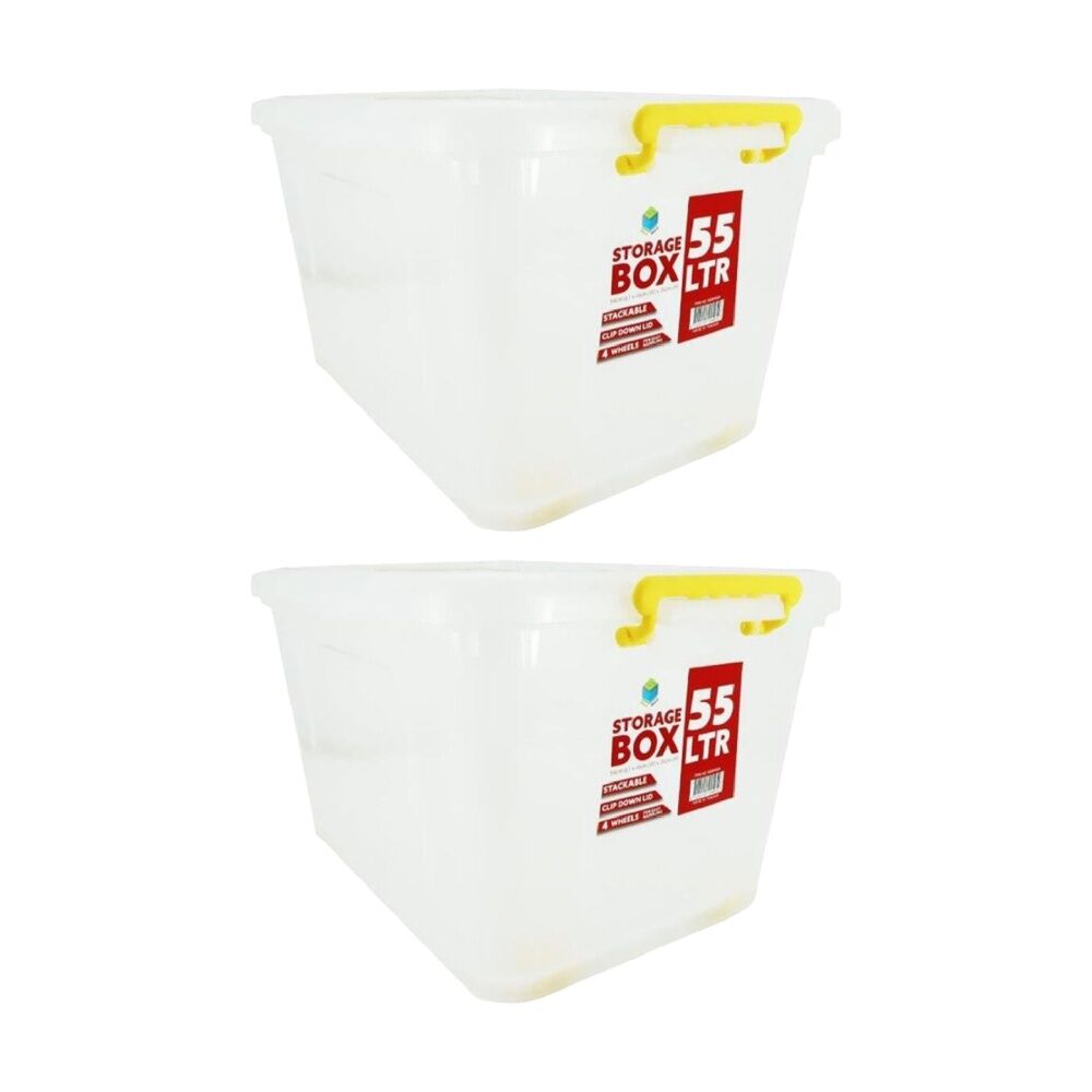 Braz Plastic Storage Container Box 55L w/ Lid & Handles 54x41x31cm Assorted (2 Pack)