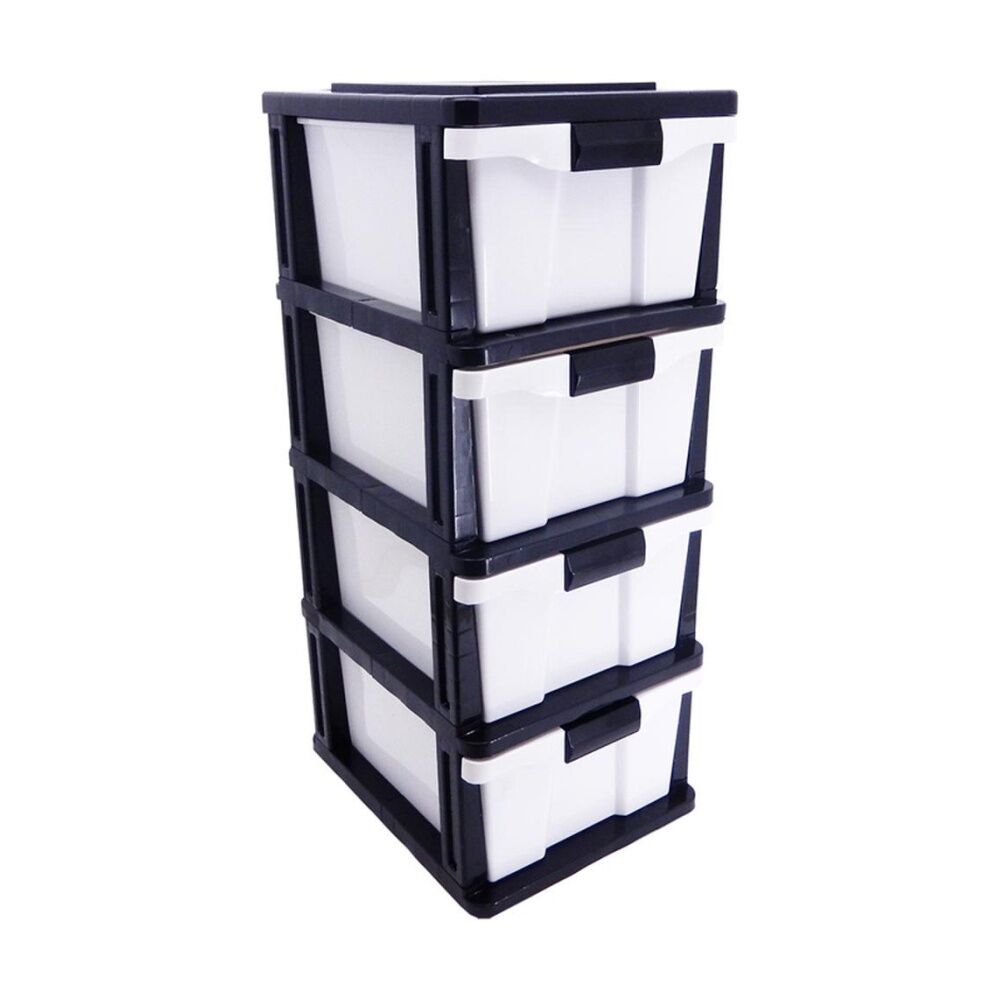 Braz Black/White Plastic Stackable 4 Drawer Comp Storage Organiser