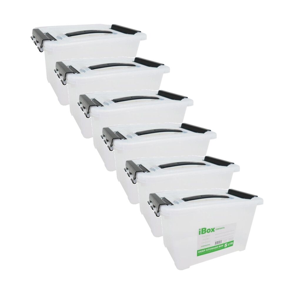 Ibox Deep Storer White Plastic Storage Box w/ Handle Clips 27x18x15cm 5L (6 Pack)