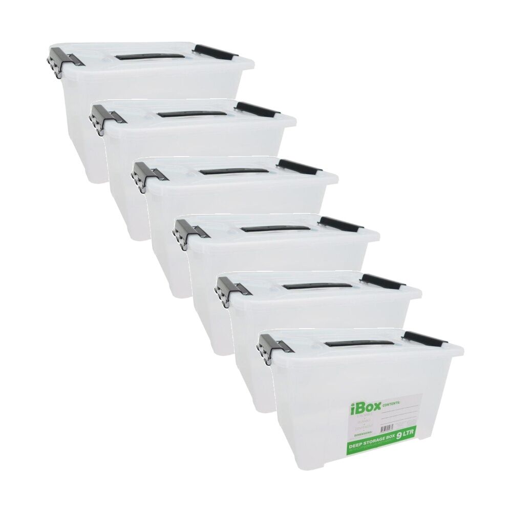 Ibox Deep Storer White Plastic Storage Box w/ Handle Clips 32x22x18cm 9L (6 Pack)