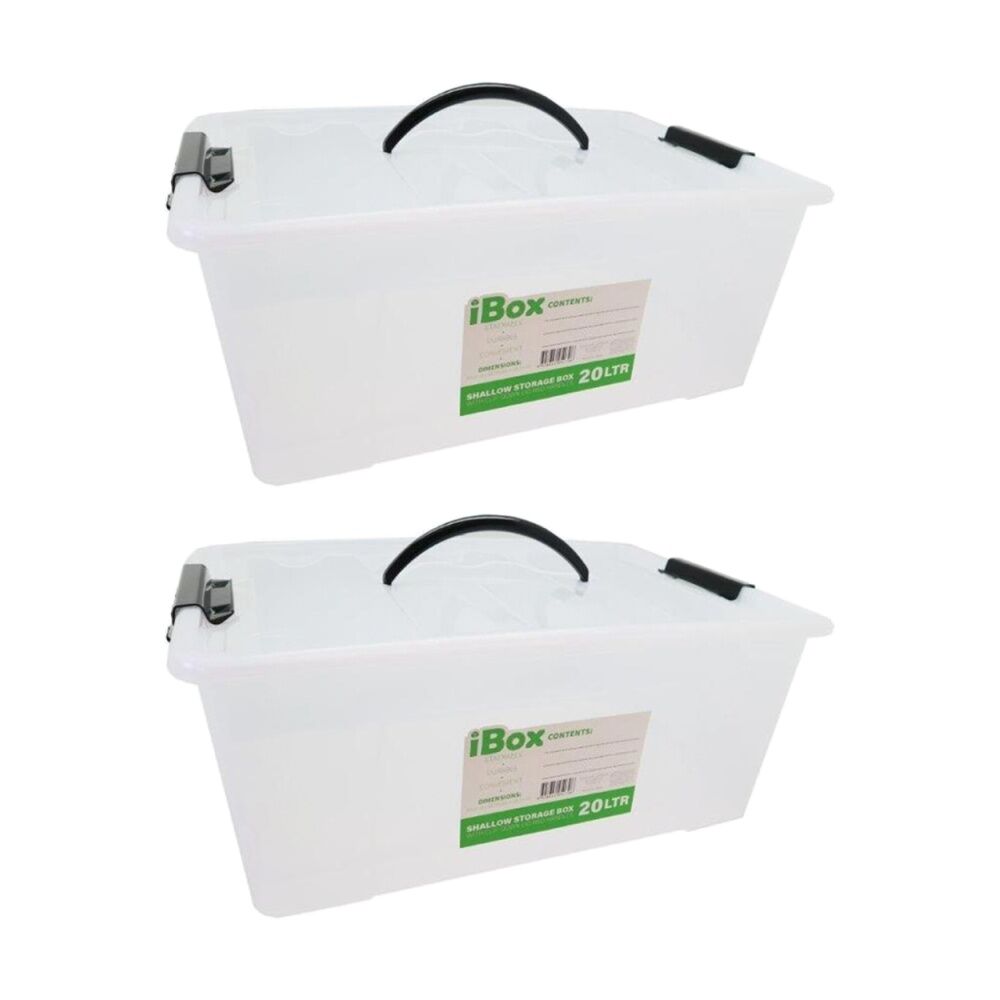 Ibox Shallow Storer Plastic Storage Box w/ Lid & Handle 45x32x18cm 20L (2 Pack)
