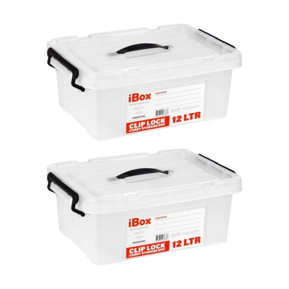 Ibox Plastic Storage Container Box w/ Clip Lock Lid Handle 12L Clear Assrtd (2 Pack)