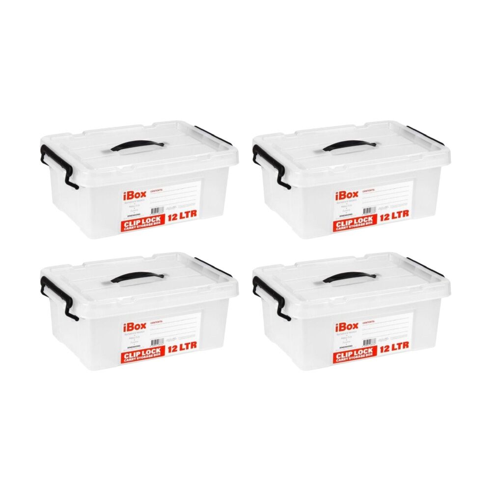 Ibox Plastic Storage Container Box w/ Clip Lock Lid & Handle 12L Assrtd (4 Pack)