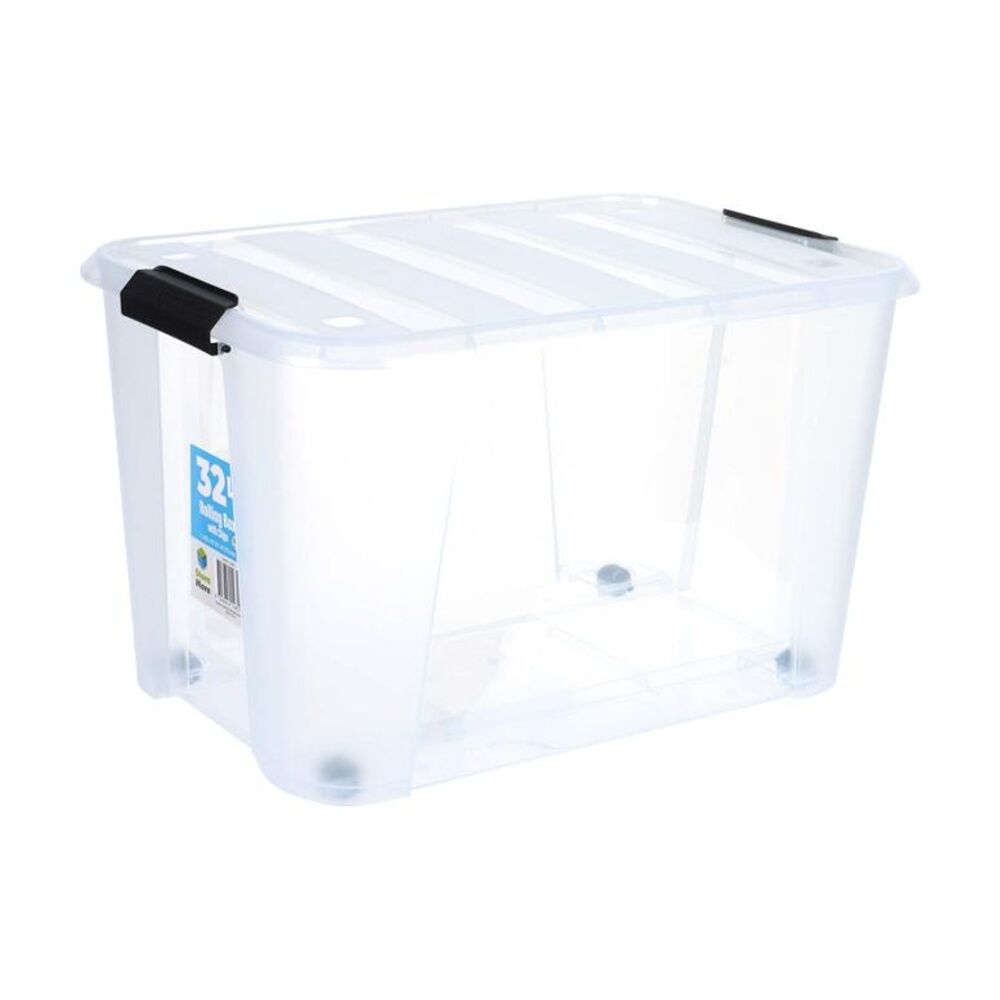 Store More 32L Clear Plastic Storage Rolling Box w/ Lid Lock Clips