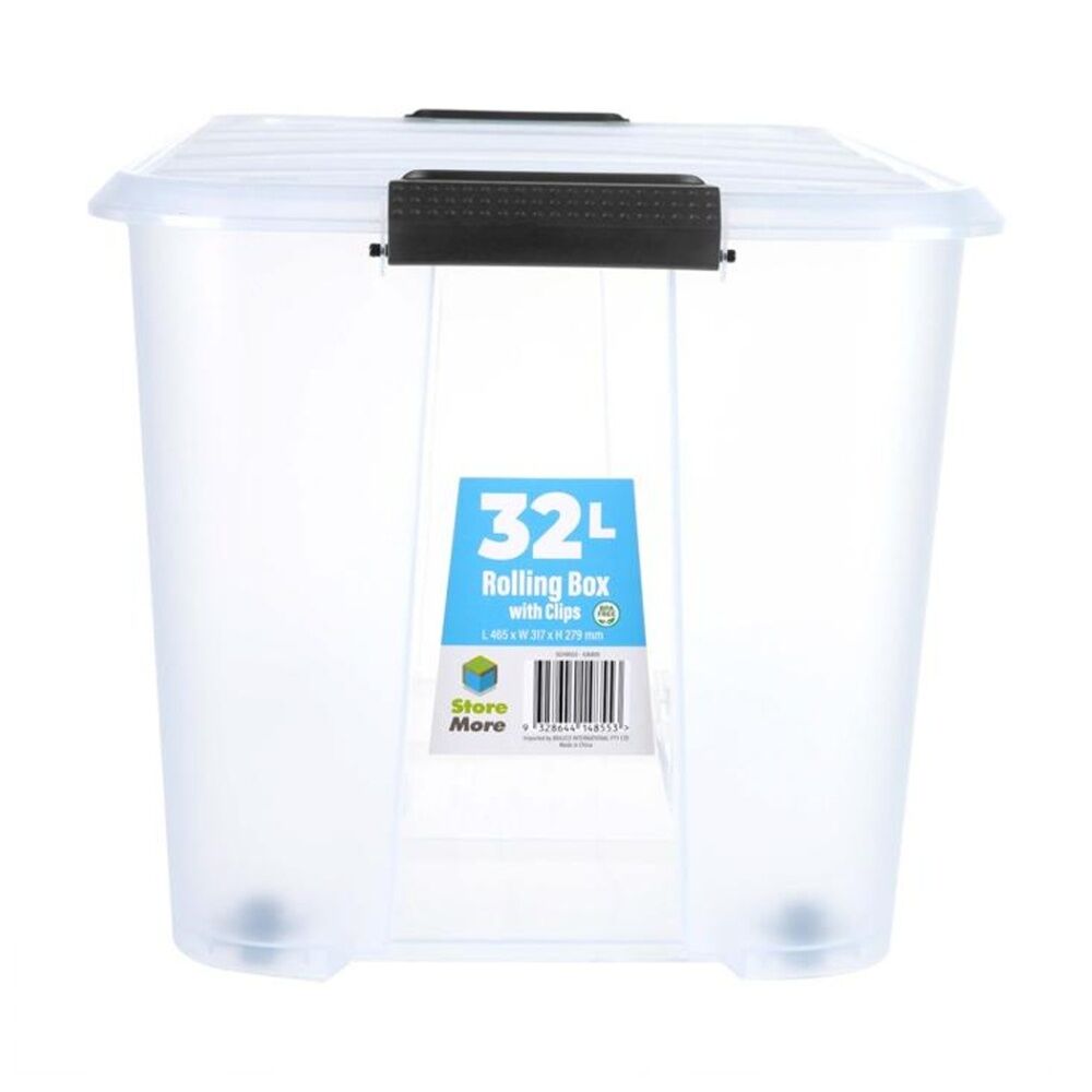 Store More 32L Clear Plastic Storage Rolling Box w/ Lid Lock Clips — image 2
