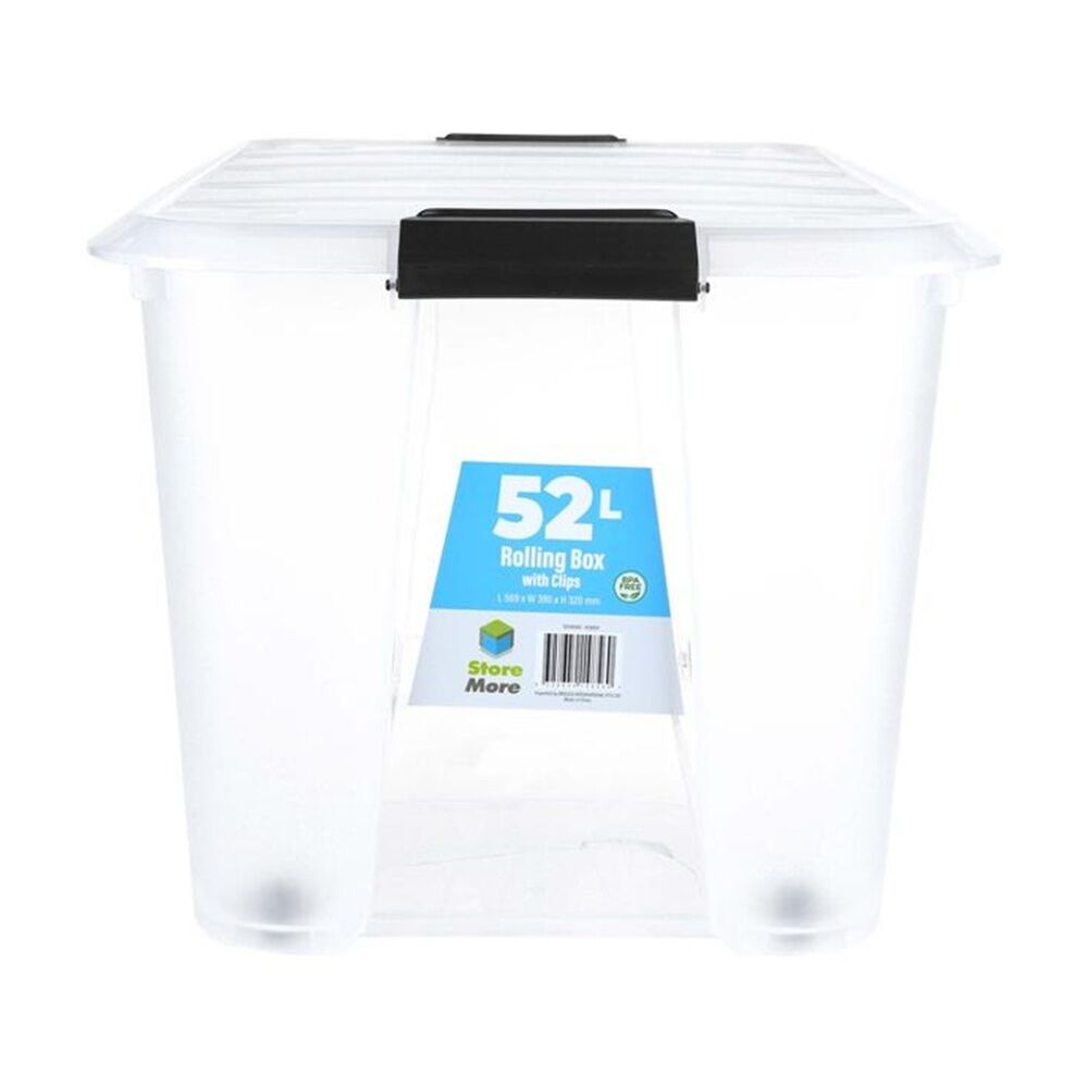 Store More Plastic Storage Rolling Container Box w/ Lid Lock Clips 52L Clear (4 Pack) — image 3