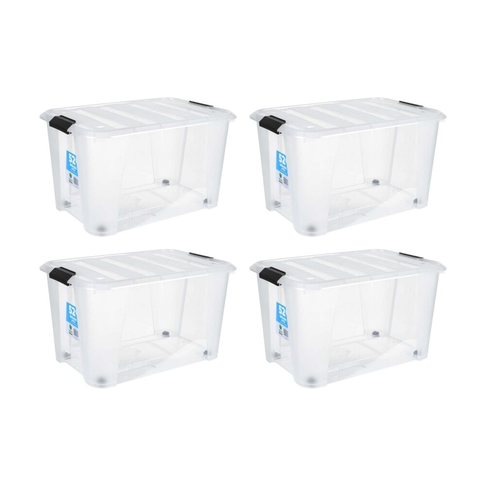 Store More Plastic Storage Rolling Container Box w/ Lid Lock Clips 52L Clear (4 Pack)
