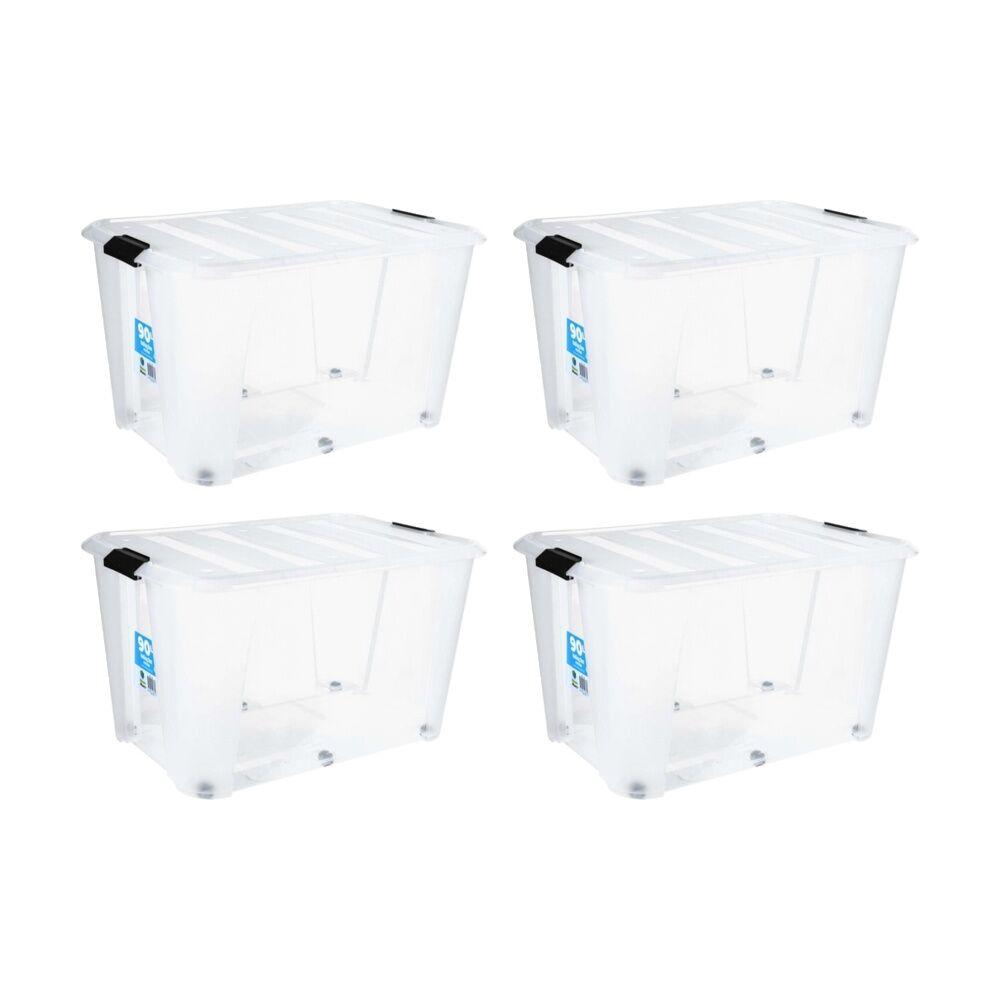 Store More Plastic Storage Rolling Container Box w/ Lid Lock Clips 90L Clear (4 Pack)
