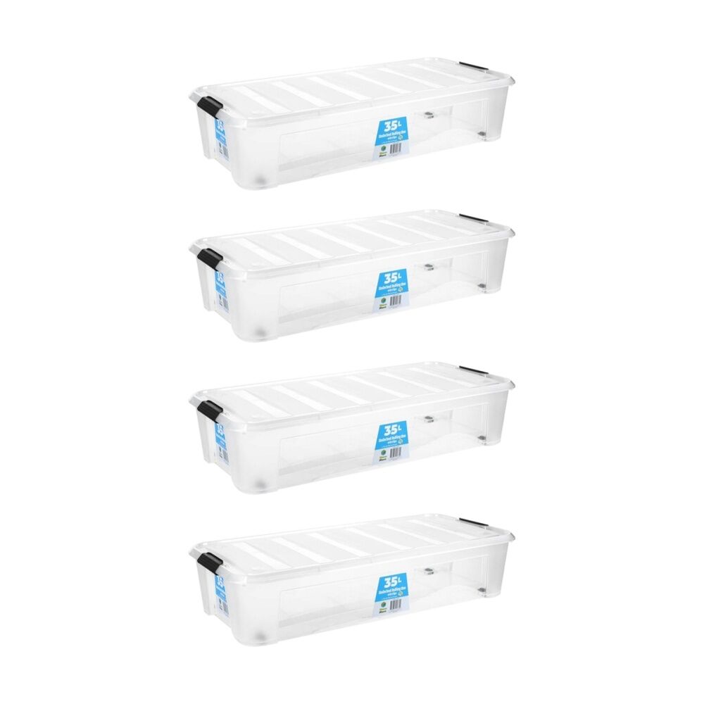 Store More Plastic Storage U Bed Rolling Box w/ Lid Lock Clips 35L Clear (4 Pack)