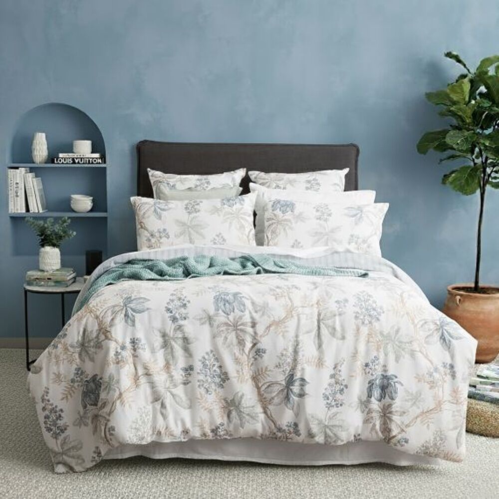 Renee Taylor Textured Cotton Slub Reversible Quilt Cover Set Queen Floral Vine - Striped Reverse - Breathable - Oeko-tex Certified Bedding - European