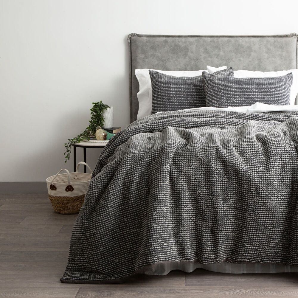 Cloud Linen Boronia Washed Cotton Waffle Comforter Set Charcoal Double/Queen