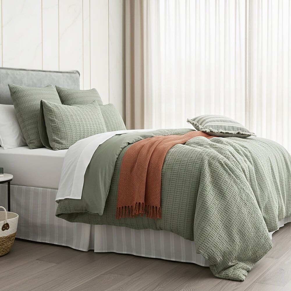 Cloud Linen Celeste Seersucker Cotton Waffle Quilt Cover Set Double Sage - All-Season Comfort - Hidden Button Closure - Oeko-tex Bedding - Textured — image 2