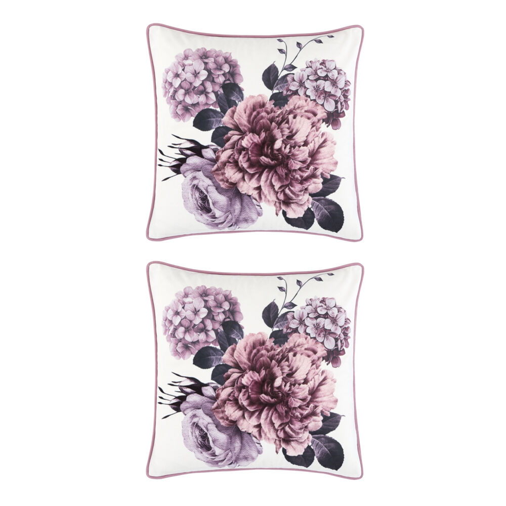 Bianca Kiara Square Lavender Purple/White Blooms Velvet Cushion 43x43cm (2 Pack)