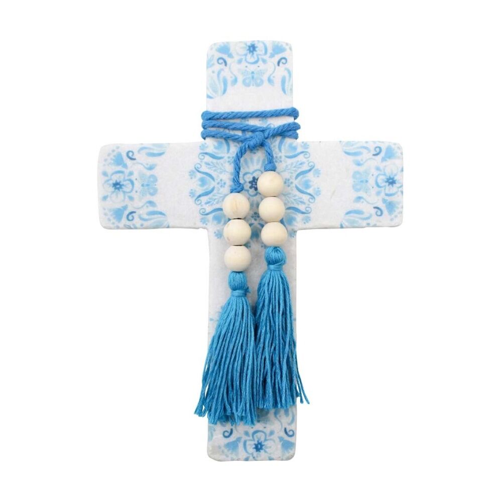 LVD 16x22x0.5cm Large Mandala Poetry Blue Cross Home Decor w/ Beads & Tassels