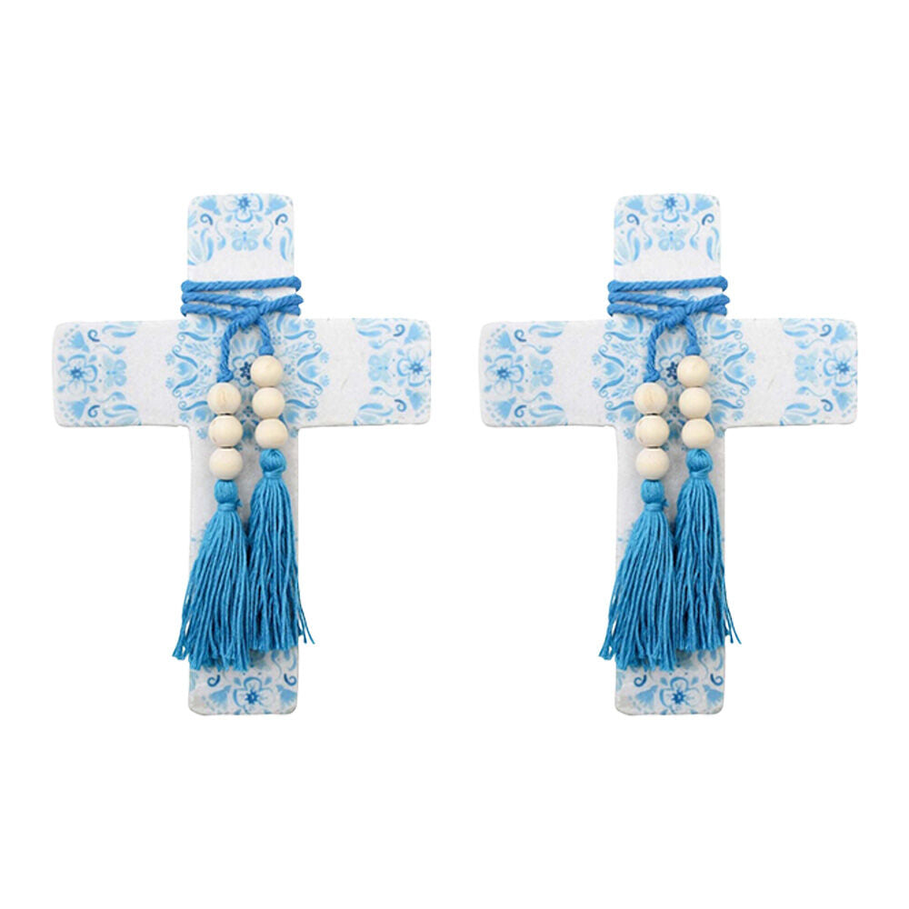 LVD Large Mandala Poetry Blue Cross Decor w/ Beads & Tassels 16x22x0.5cm (2 Pack)