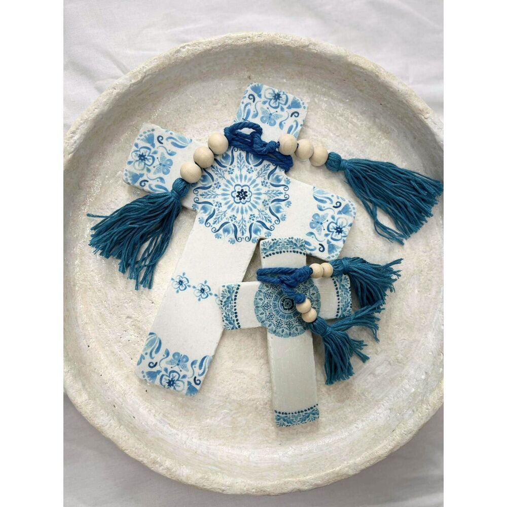 LVD 16x22x0.5cm Large Mandala Poetry Blue Cross Home Decor w/ Beads & Tassels — image 2