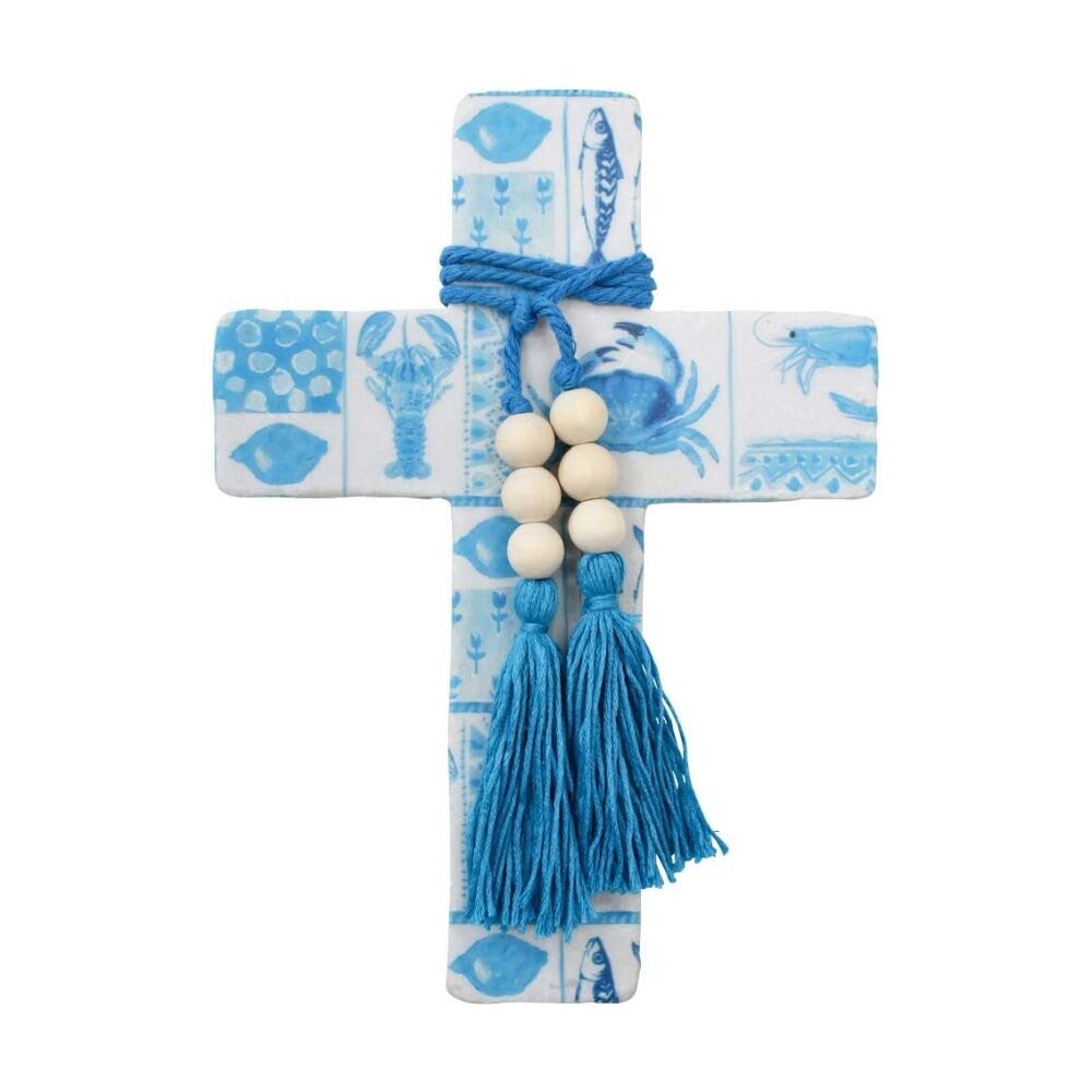 LVD Large Blue Ocean Postcard Cross Decor w/ Beads & Tassels 16x22x0.5cm (2 Pack) — image 2