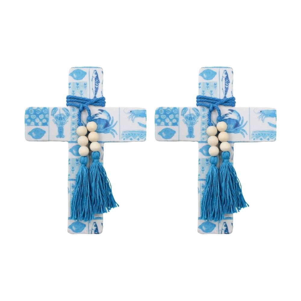 LVD Large Blue Ocean Postcard Cross Decor w/ Beads & Tassels 16x22x0.5cm (2 Pack)
