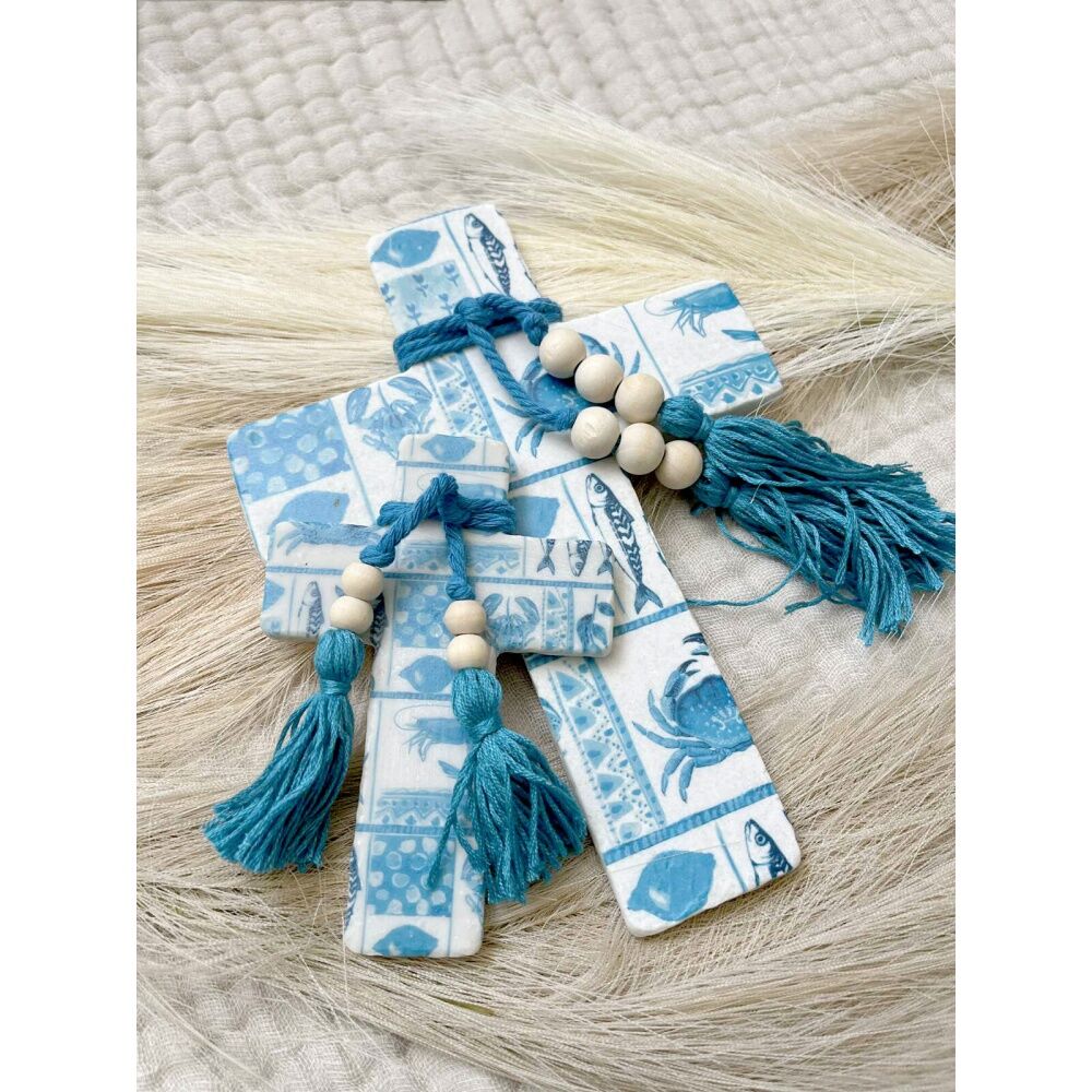 LVD Large Blue Ocean Postcard Cross Decor w/ Beads & Tassels 16x22x0.5cm (2 Pack) — image 3