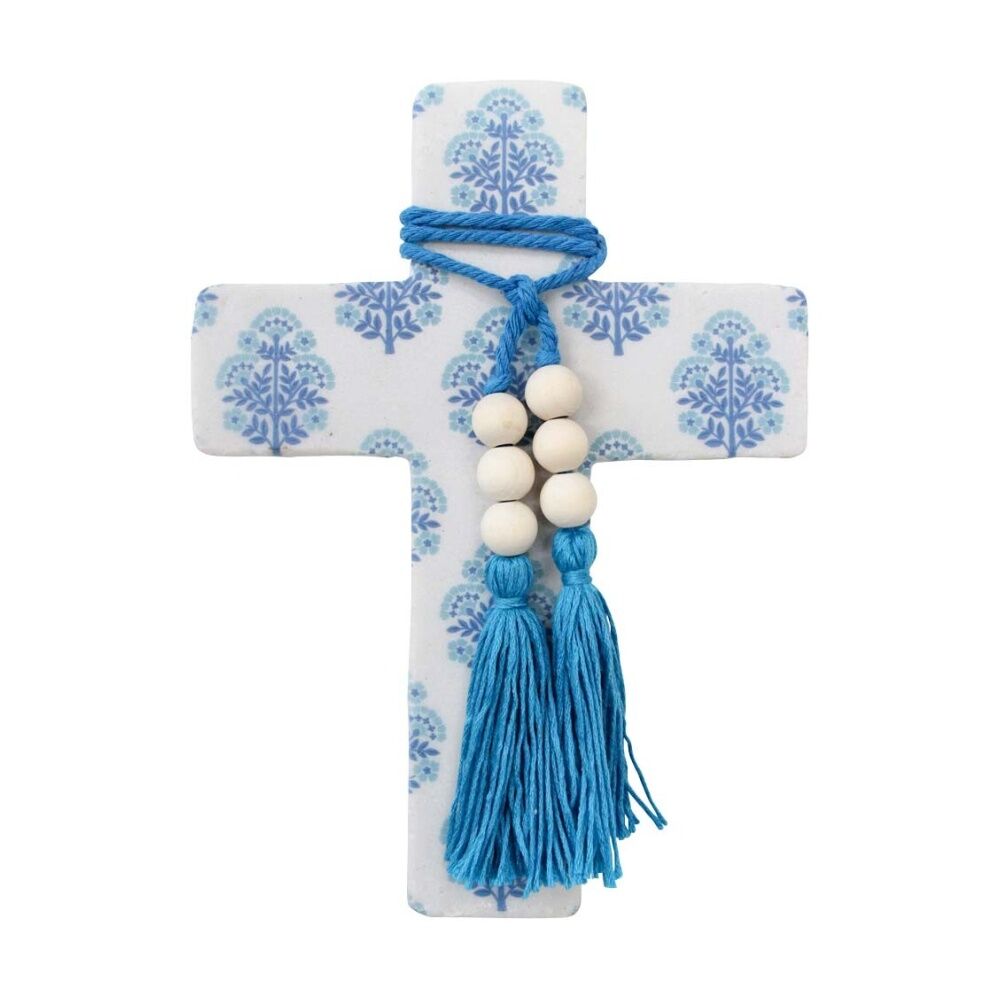 LVD 16x22x0.5cm Large Blue Sari Resin Cross Home Decor w/ Beads & Tassels