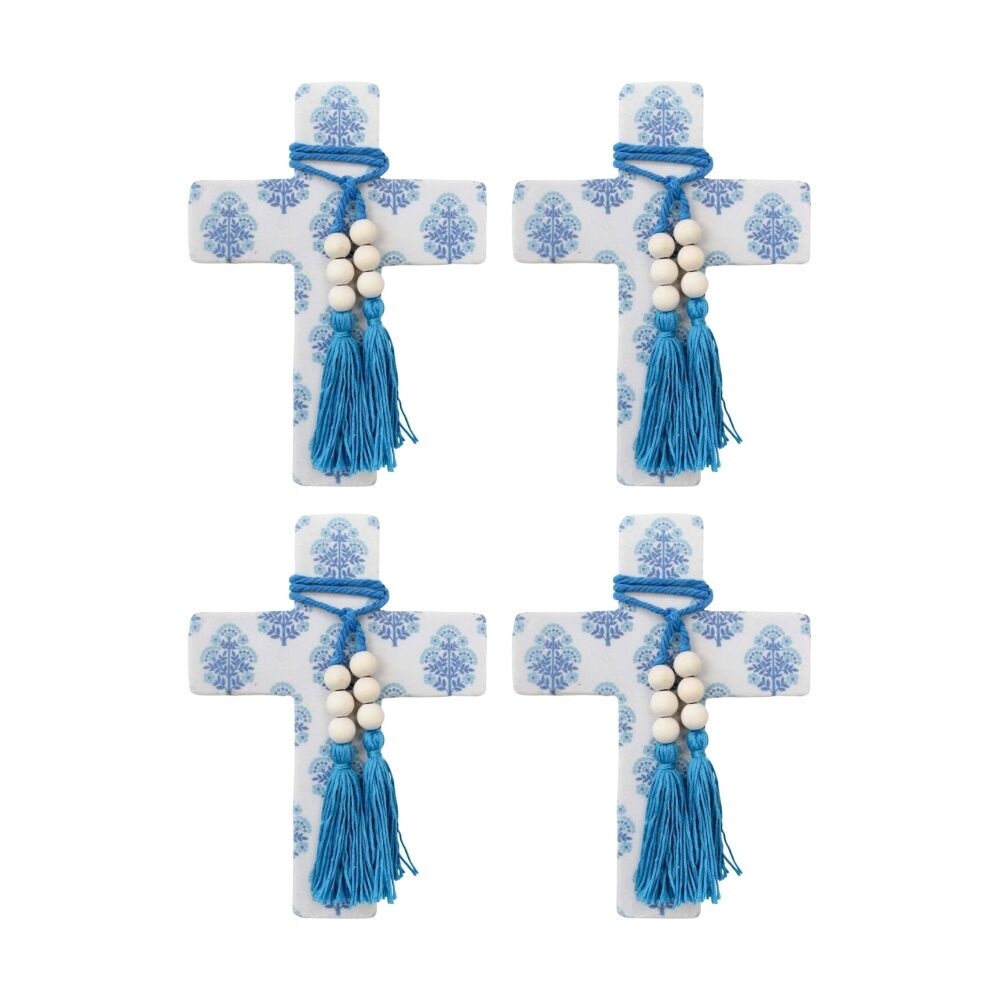 LVD Large Blue Sari Resin Cross Home Decor w/ Beads & Tassels 16x22x0.5cm (4 Pack)