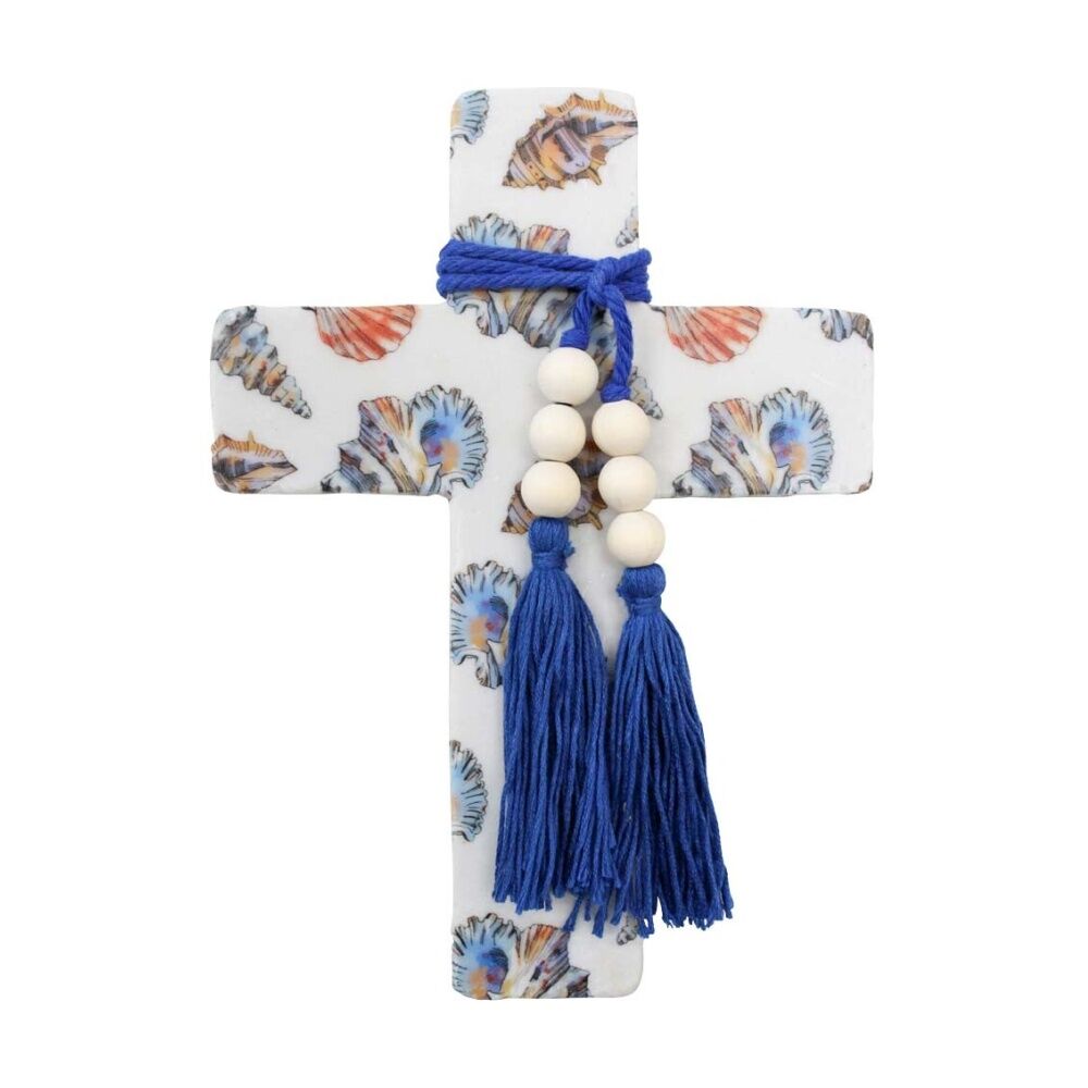 LVD 16x22x0.5cm Large Sea/Coastal Resin Cross Home Decor w/ Beads & Tassels