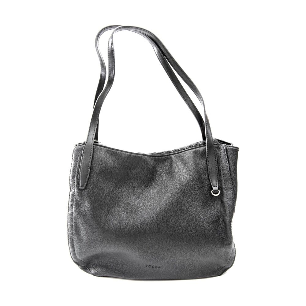 Tosca Handbag - Black - Textured Material Tote Bag - Two Long Handles - Zip Closure - Rectangular Shape Black