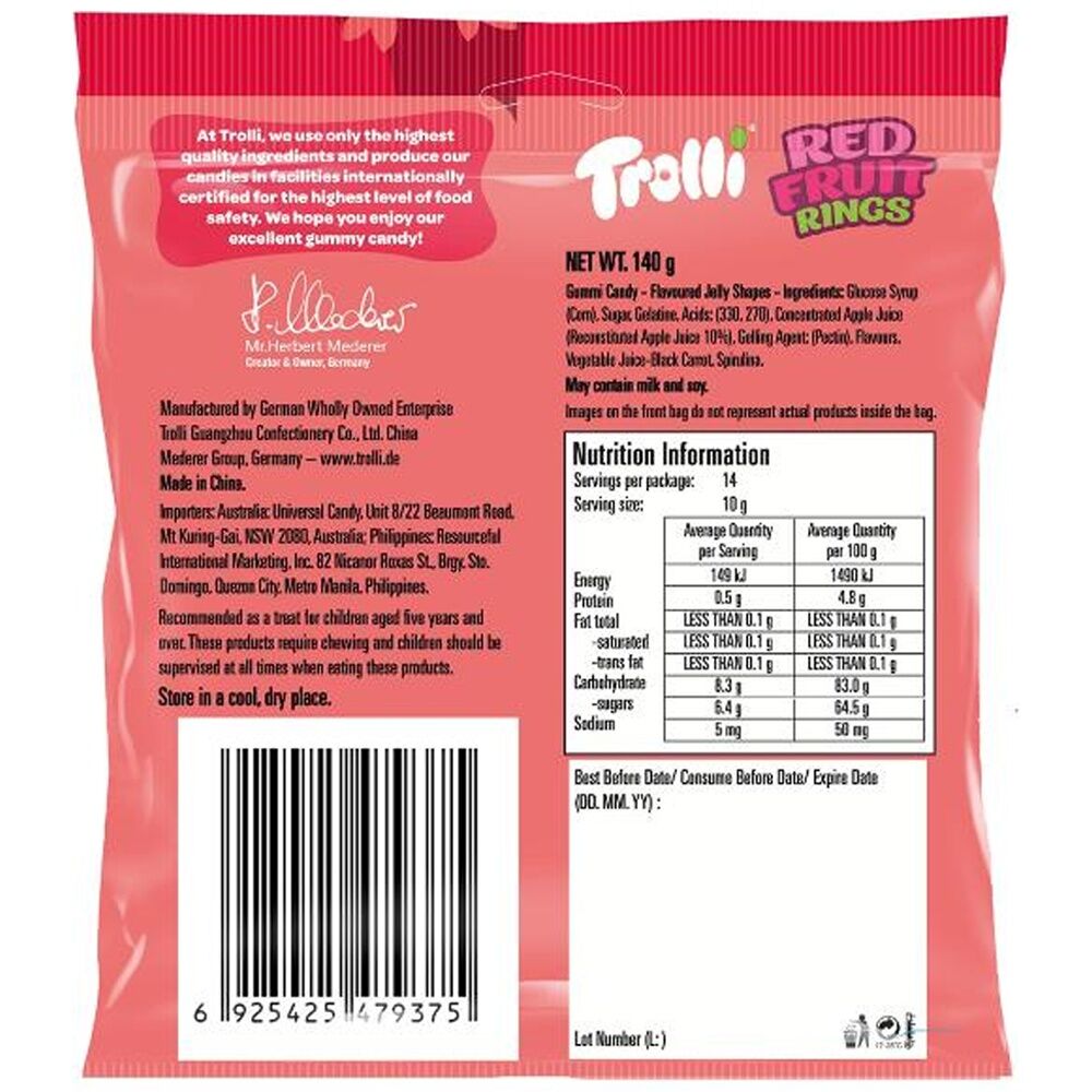 Trolli Red Fruit Rings 140g Party Favours Candy/Lollies/Gummies (8 Pack) — image 4