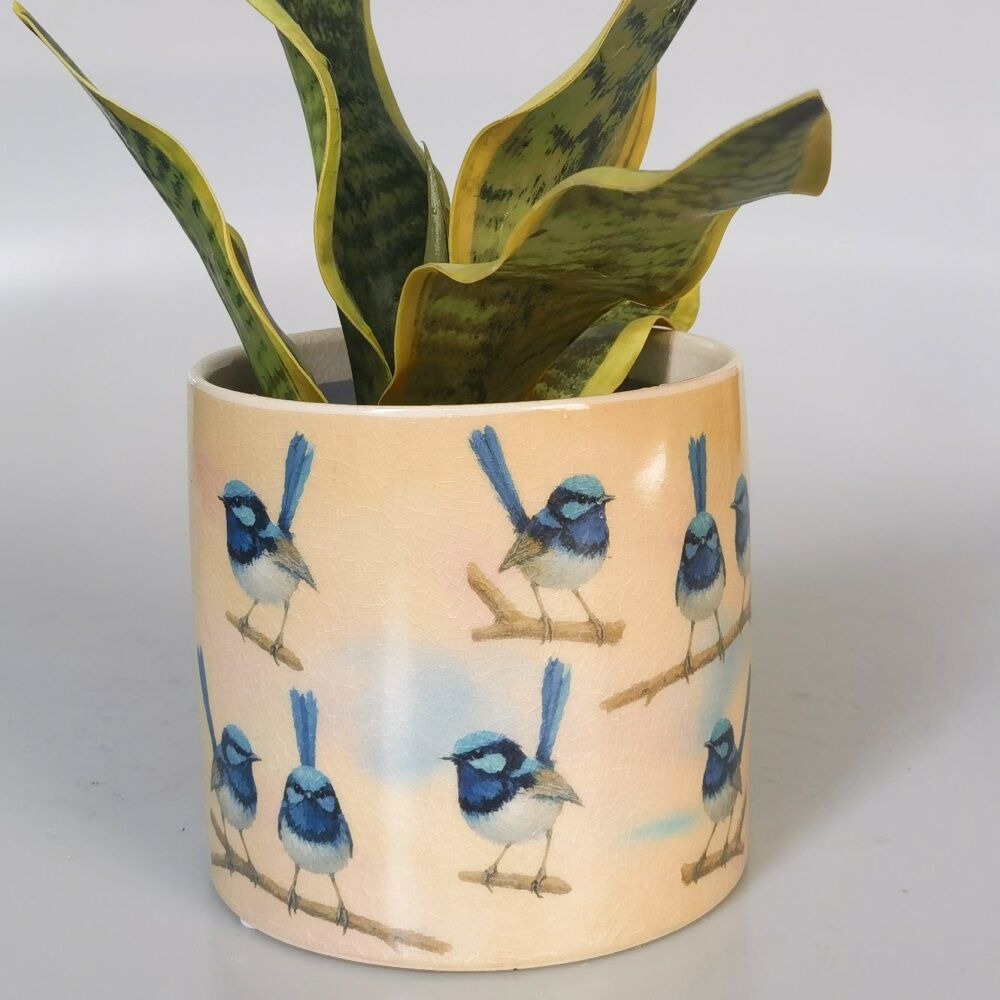 Urban Products 14cm Blue Wren Planter Blue/Yellow Ceramic Decorative Pot — image 2