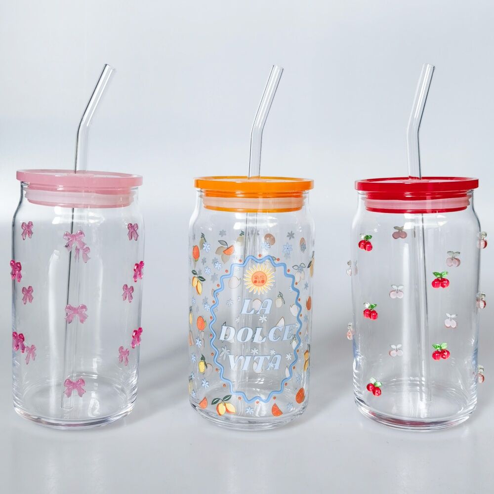 Urban Products Kaya Pink Bow Glass Can Drinkware w/ Straw 14cm (2 Pack) — image 3
