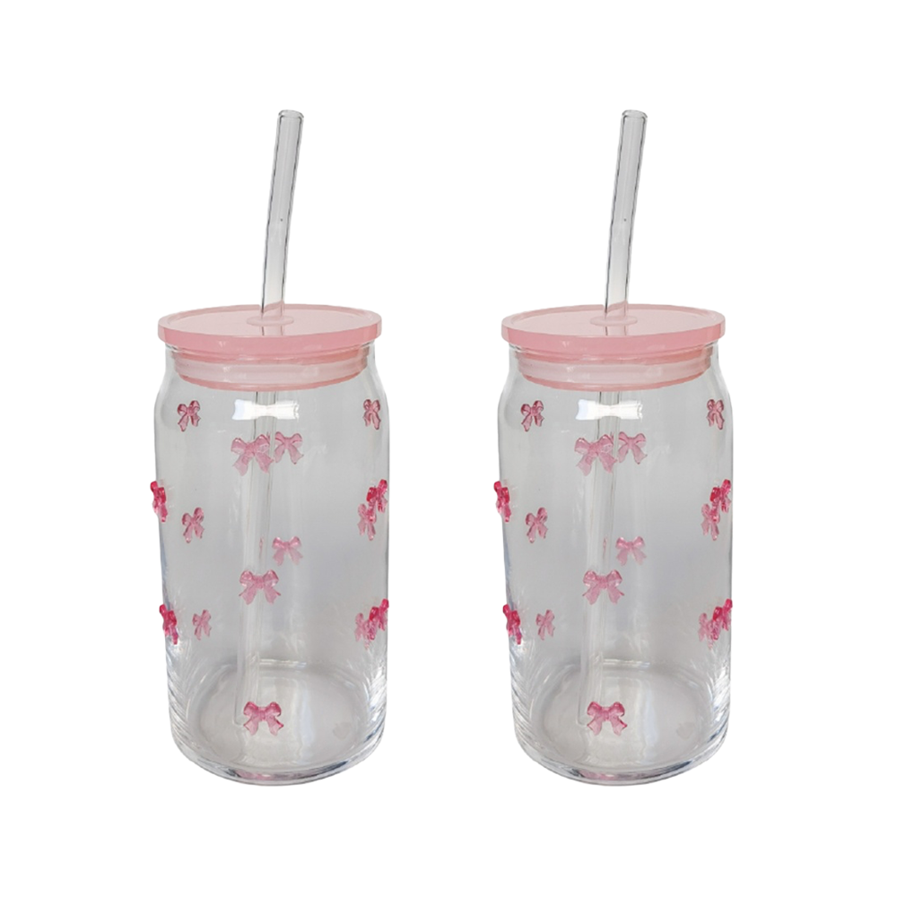 Urban Products Kaya Pink Bow Glass Can Drinkware w/ Straw 14cm (2 Pack)