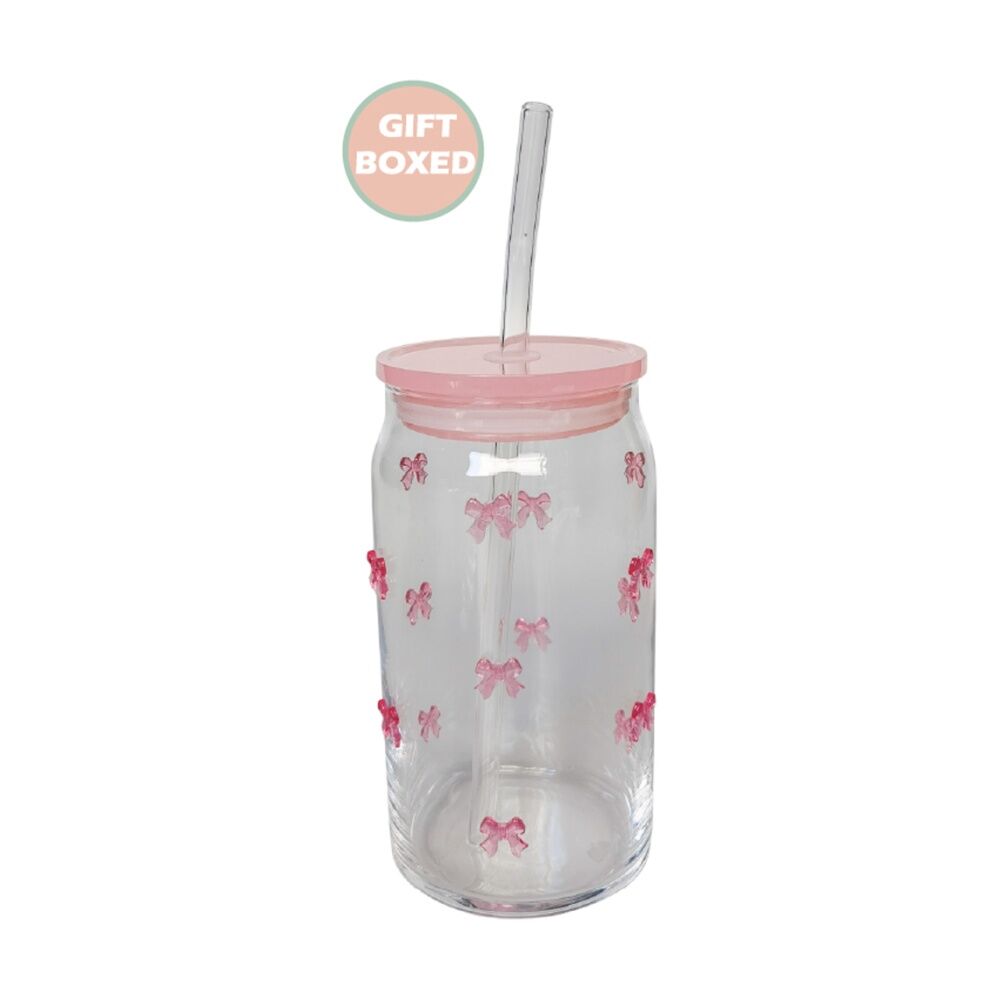 Urban Products Kaya Pink Bow Glass Can Drinkware w/ Straw 14cm (2 Pack) — image 2
