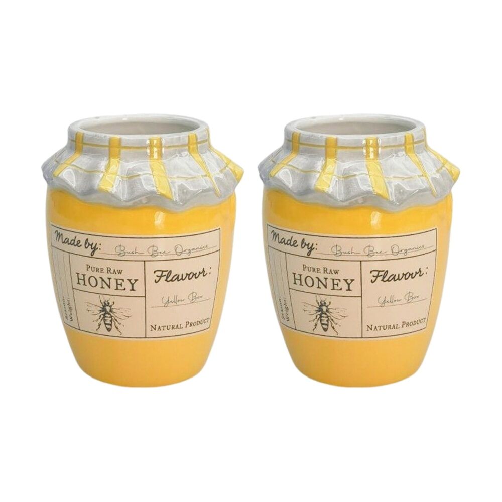 Urban Products Honey Pot Vessel Yellow Ceramic Decorative Jar 11cm (2 Pack)