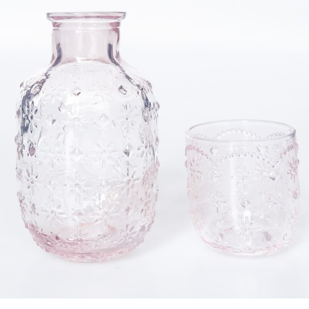 Urban Products Mari Floral Embossed Pattern Carafe Pink Glass Set 19cm (2 Pieces) — image 4