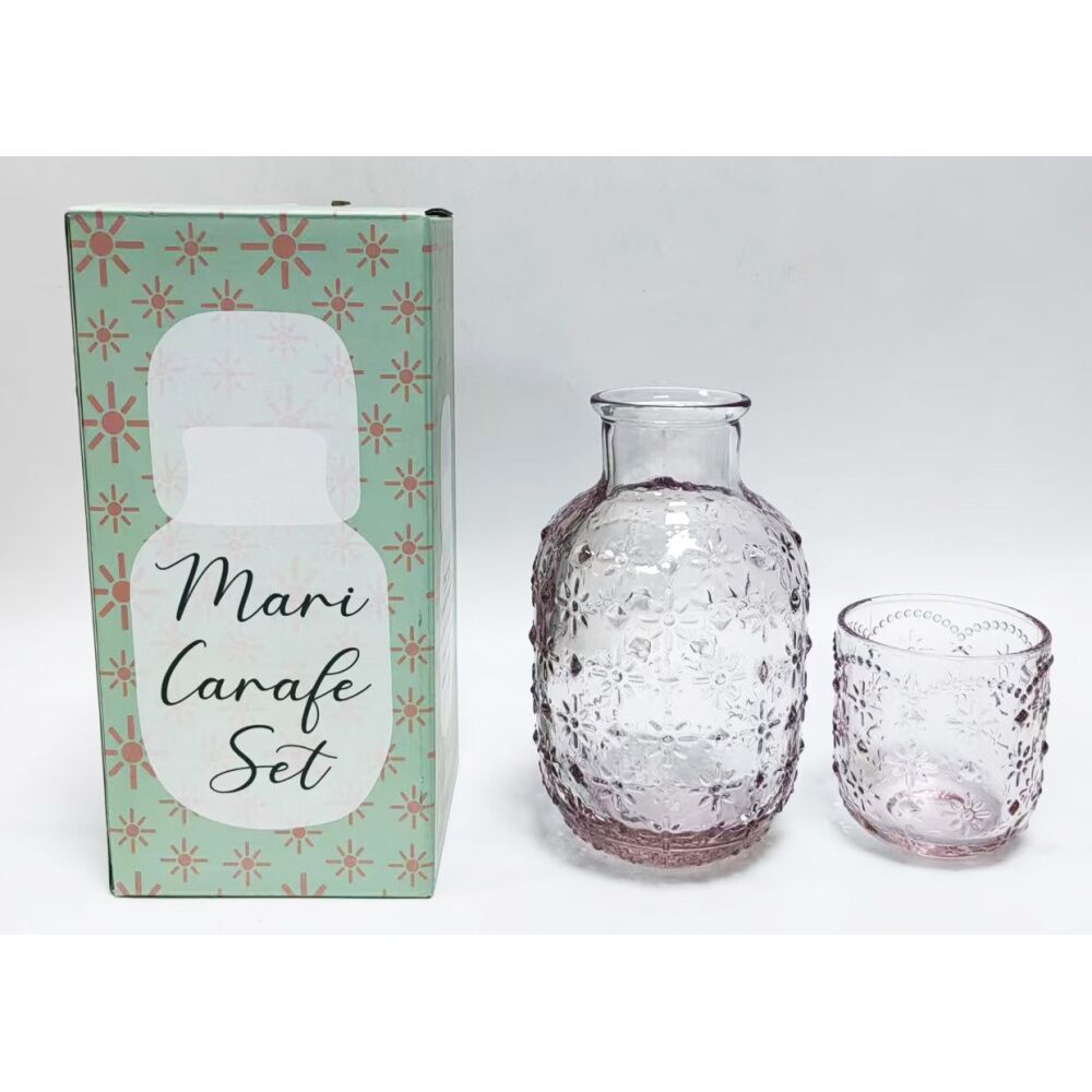 Urban Products Mari Floral Embossed Pattern Carafe Pink Glass Set 19cm (2 Pieces) — image 3