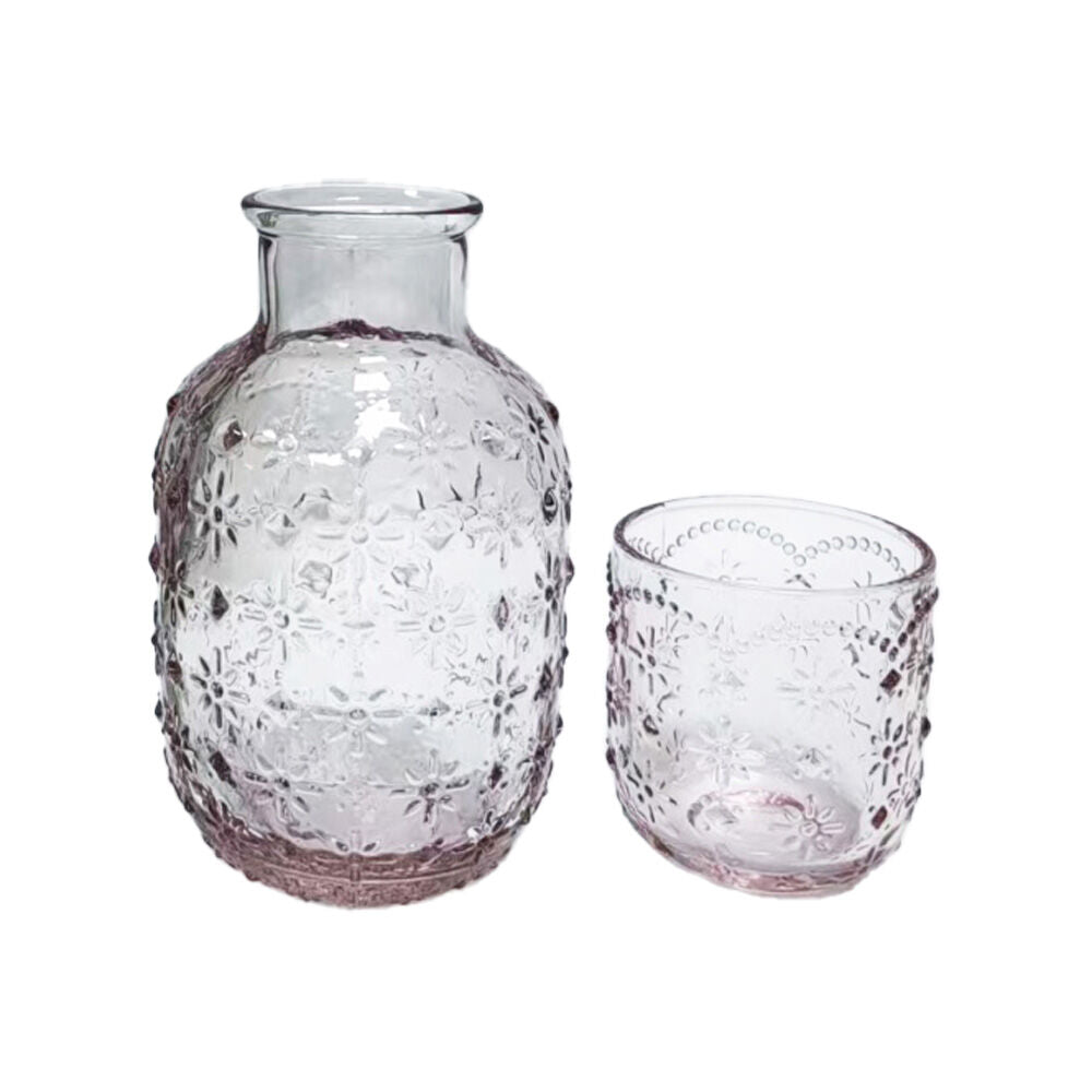 Urban Products Mari Floral Embossed Pattern Carafe Pink Glass Set 19cm (2 Pieces)