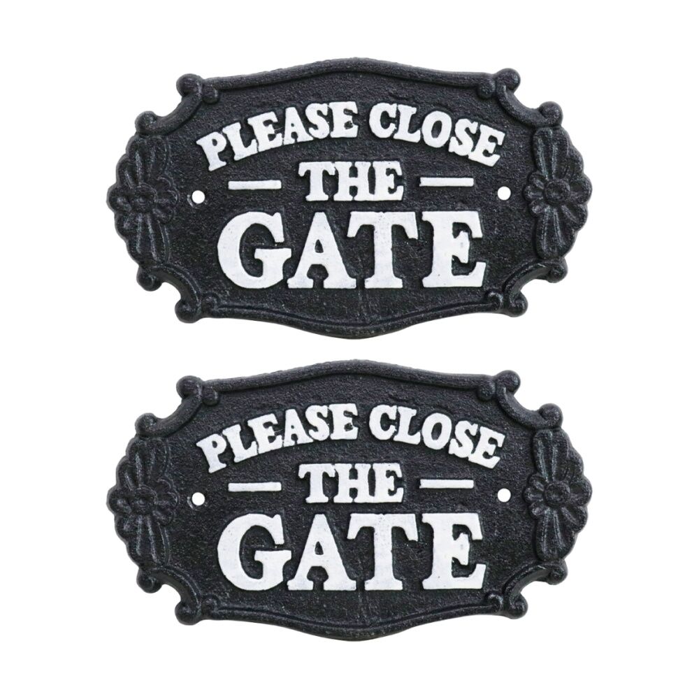 LVD Cast Iron Ornate Close Gate Sign Outdoor Decor Black/White 18.5x11cm (2 Pack)