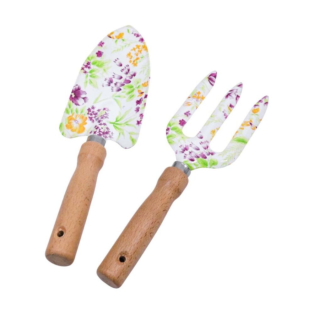 LVD LDA Garden Tools S 2 Florals Wood Handles Steel Heads Trowel 28cm Fork 26cm Purple Yellow Floral Design. — image 2