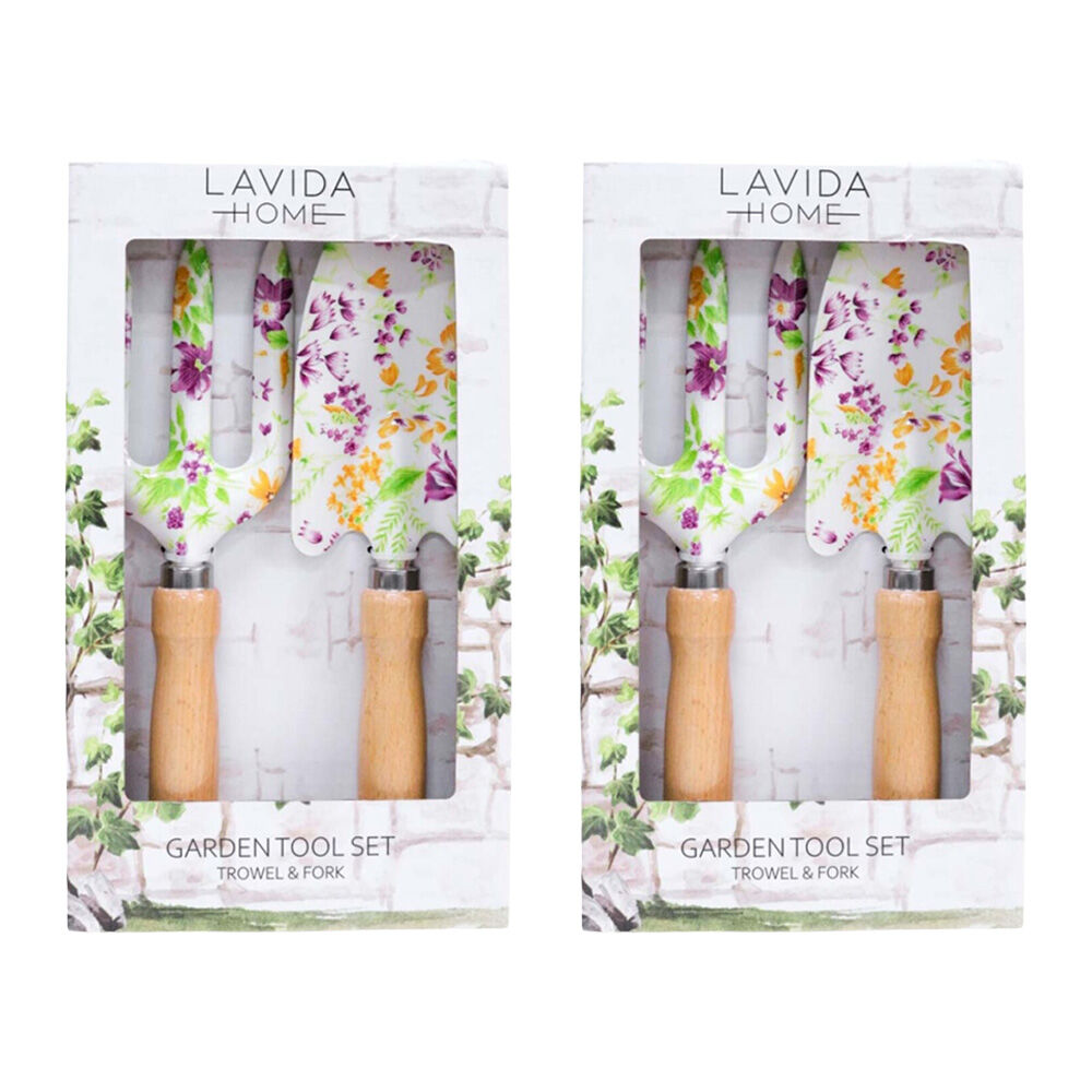 LVD 2pc LVD Outdoor Gardening/Planting Wood/Steel Trowel & Fork Tool Set Florals (2 Pack)
