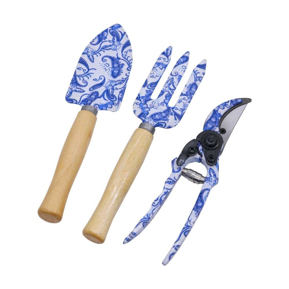 LVD LDA Garden Tools Set 3pc Hamptons - Wood Steel Aluminium - Shovel 26cm Fork 24cm Secateurs 20.5cm - Blue Paisley Design Wooden Handles. — image 2