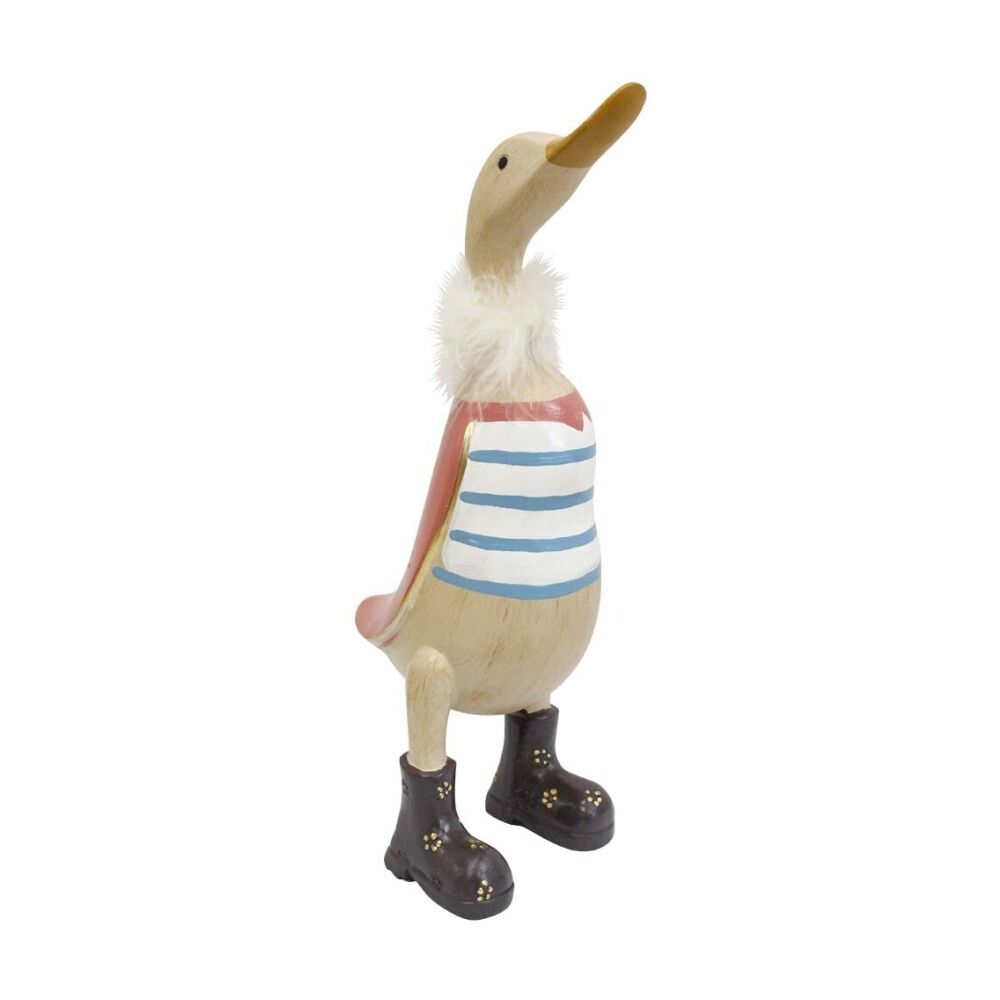 LVD Tall Duck Charlie Resin Figurine Blue White Striped Shirt Pink Cape Fluffy Collar Floral Gumboots 13x9.5x29.5cm Home Decor Sculpture.