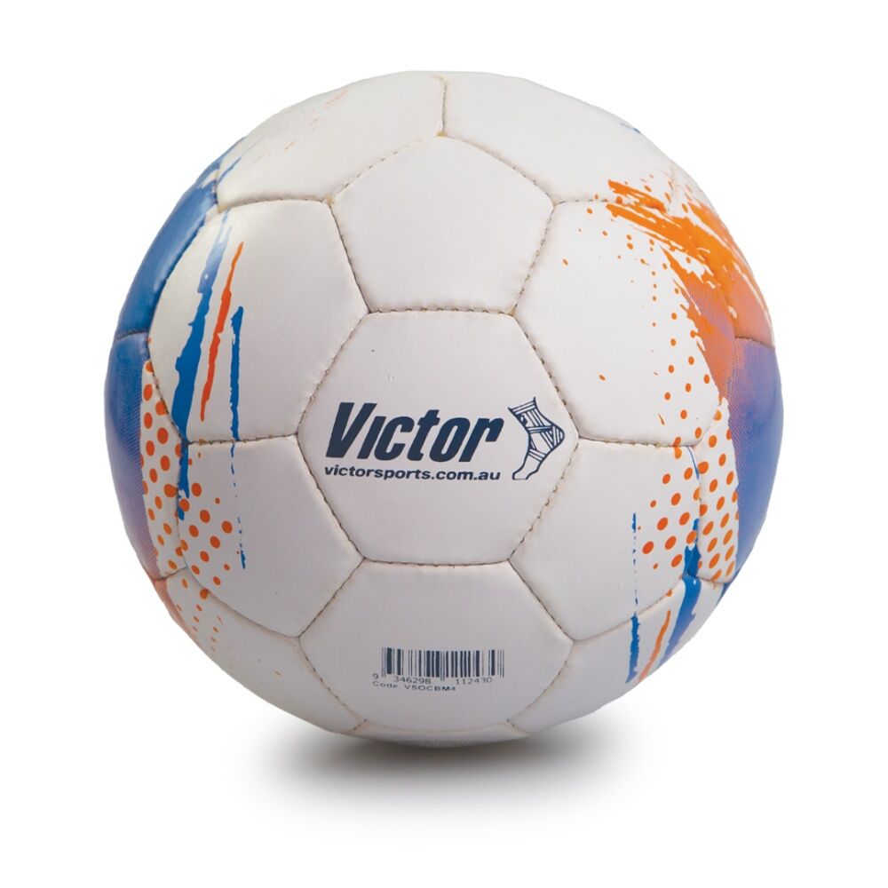 Victor Sports Match Soccer Ball Size 4 - Orange Blue - Durable Synthetic Rubber - Hand Stitched 3 Ply Polyester Cotton Linings - Latex Bladder -