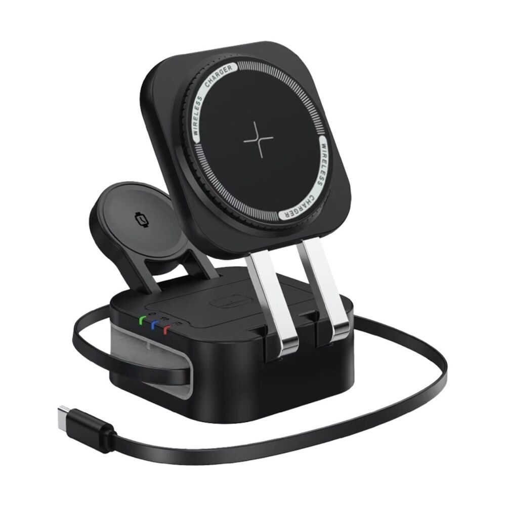 Laser Black 3 In 1 Wireless Foldable Retractable USB-C Charging Stand