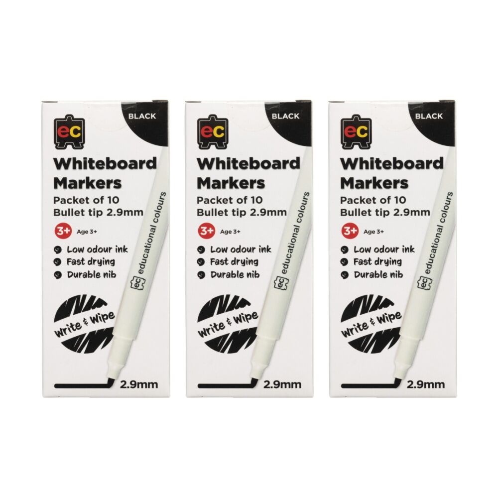 Educational Colours 10pc Educational Colours Whiteboard Thin Black Marker 2.9mm Tip Kids 3y+ (3 Pack)