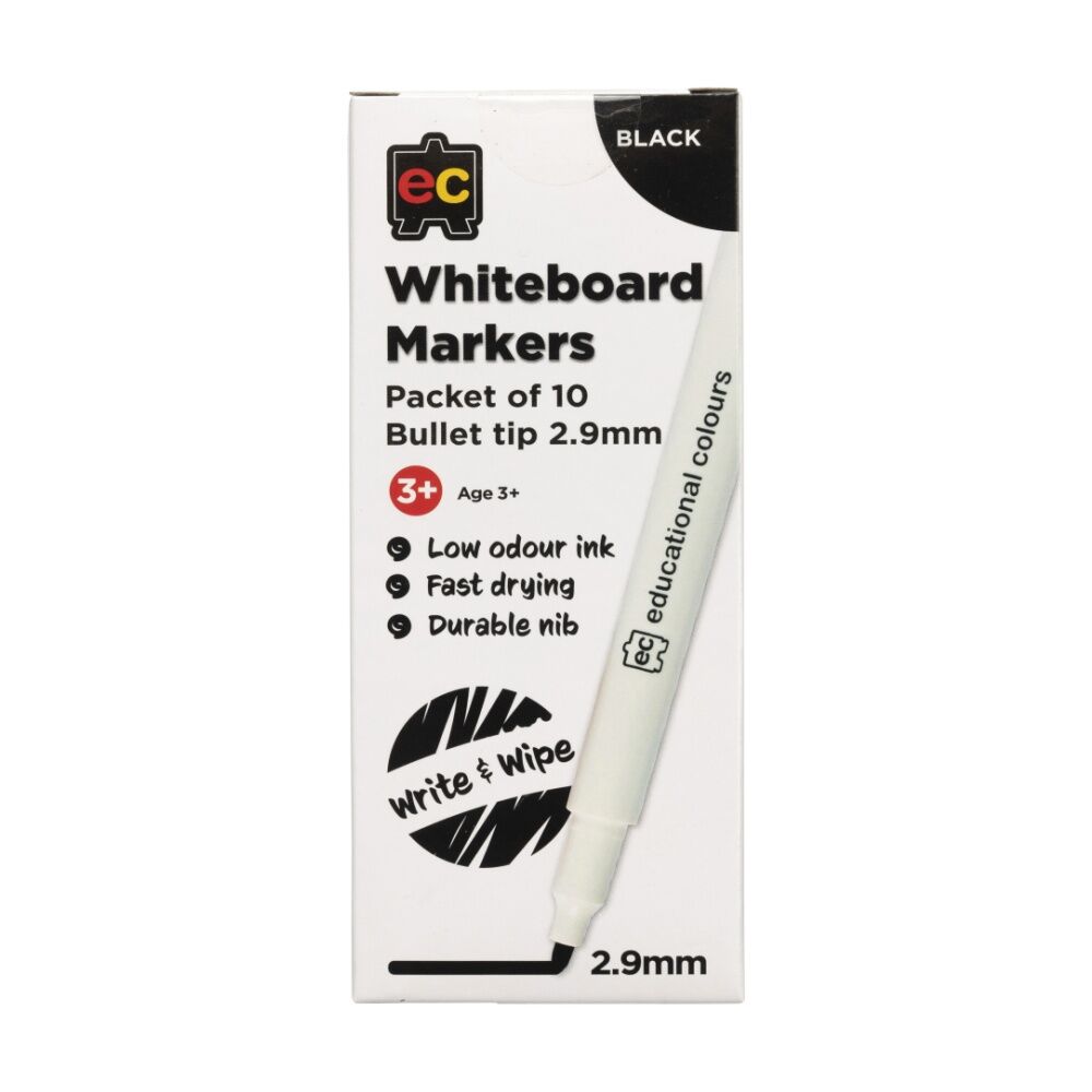 Educational Colours Whiteboard Thin Black Marker 2.9mm Tip Kids 3y+ (10 Pieces)