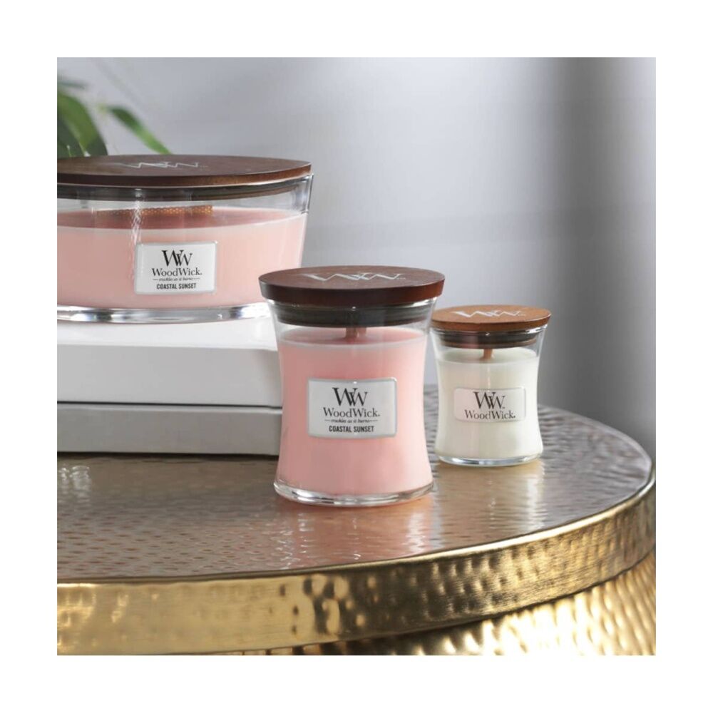 Woodwick Coastal Sunset Mini - Wooden Wick Crackling Candle - Sun-Kissed Blossoms Coconut Musk Ocean Air Scents - 3 oz Pink Glass Jar Soy Wax Blend — image 2
