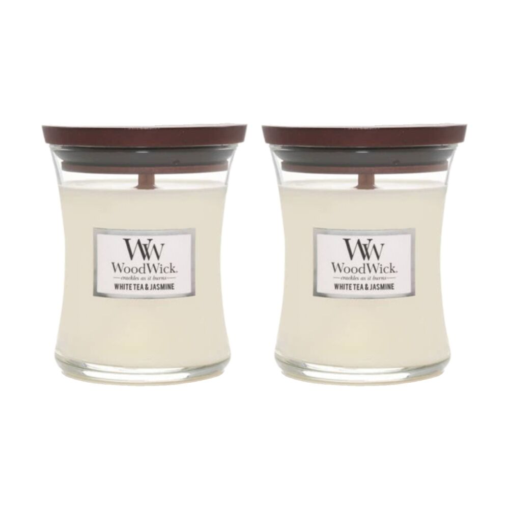 Woodwick White Tea & Jasmine Scented Soy Candle Crackling Wick Floral Mini (2 Pack)