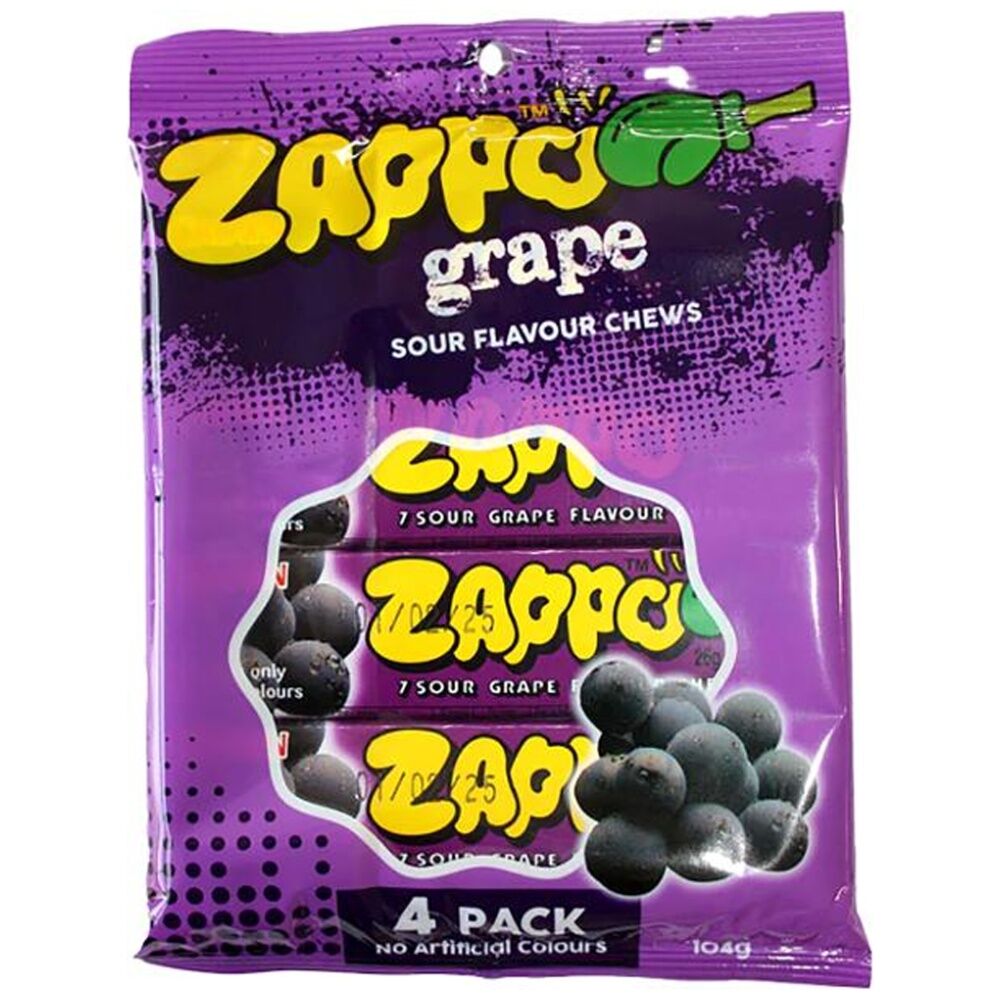 Zappo 4pc Zappo Grape Fruit Flavour Chewy Sour Lollies/Gummies (9 Pack) — image 2