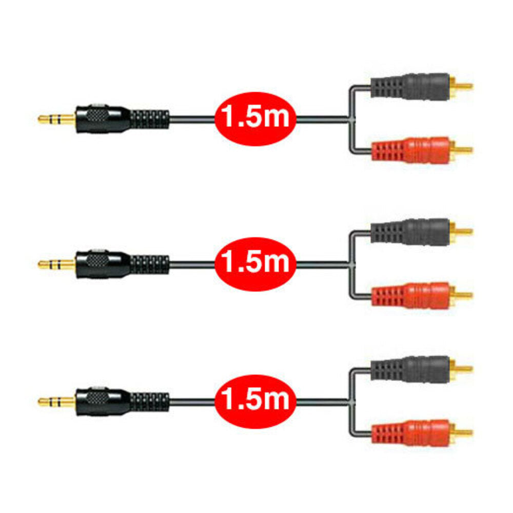 Sansai 1.5m Audio 3.5mm Aux Stereo Male to 2 RCA Cable/Plug/Cord for Amp/MP3 (3 Pack)