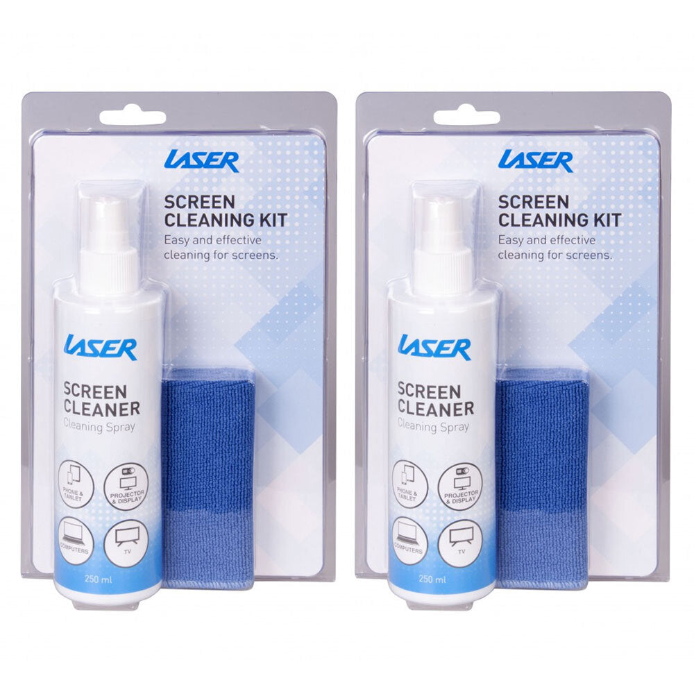 Laser 250ml Screen Cleaning Kit w/Microfibre Cloth for PC/Laptop TV Phone (2 Pack)